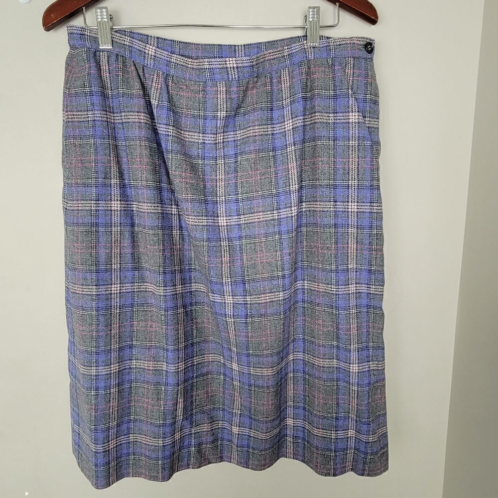 Women's Vintage Pendleton Plaid Long Midi Wool Skirt Purple Pink Gray 34" Waist